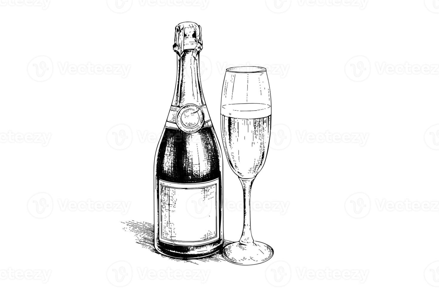 Bottle with Champagne and wine glass engraving style art, hand drawn sketch vector illustration photo