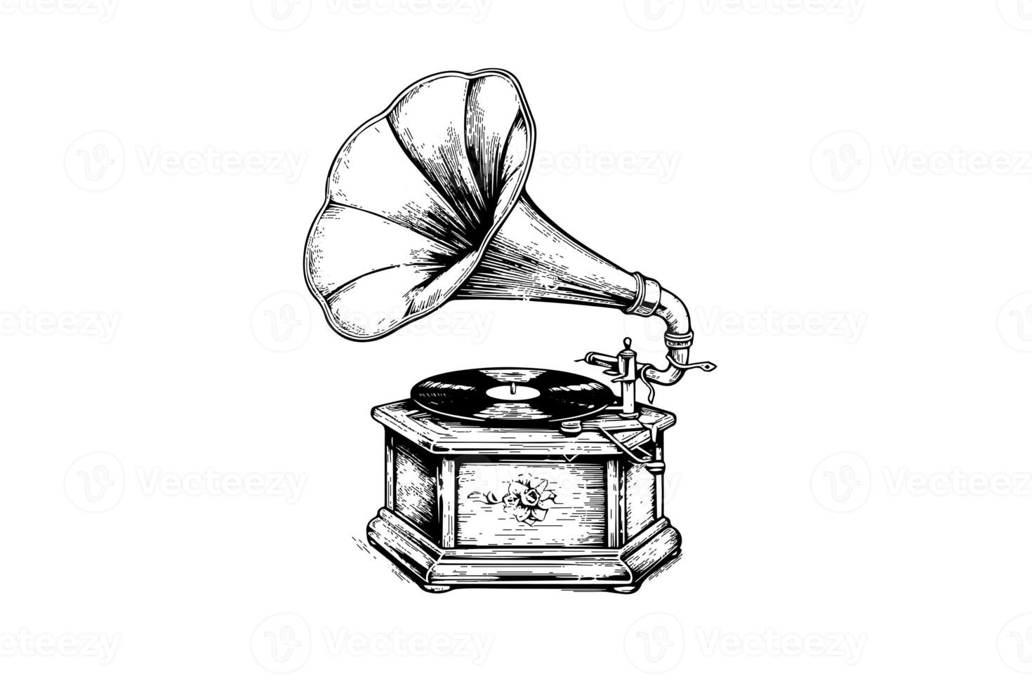 Retro phonograph gramophone vintage engraved vector illustration. Sketch hand drawn art photo