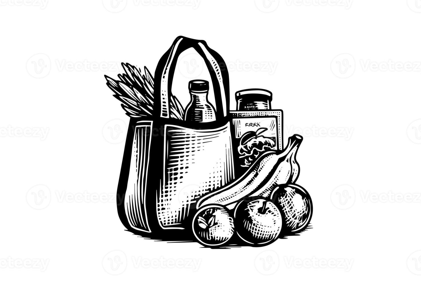 Grocery bag full of food and juice engraving sketch vector hand-drawn illustration. photo