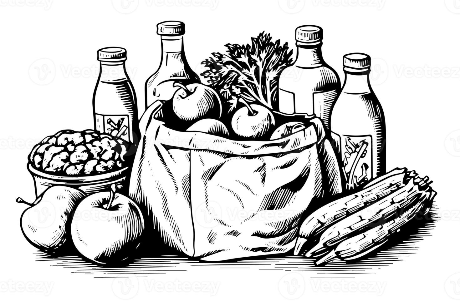 tienda de comestibles bolso lleno de frutas y bebidas grabado bosquejo vector dibujado a mano ilustración. foto