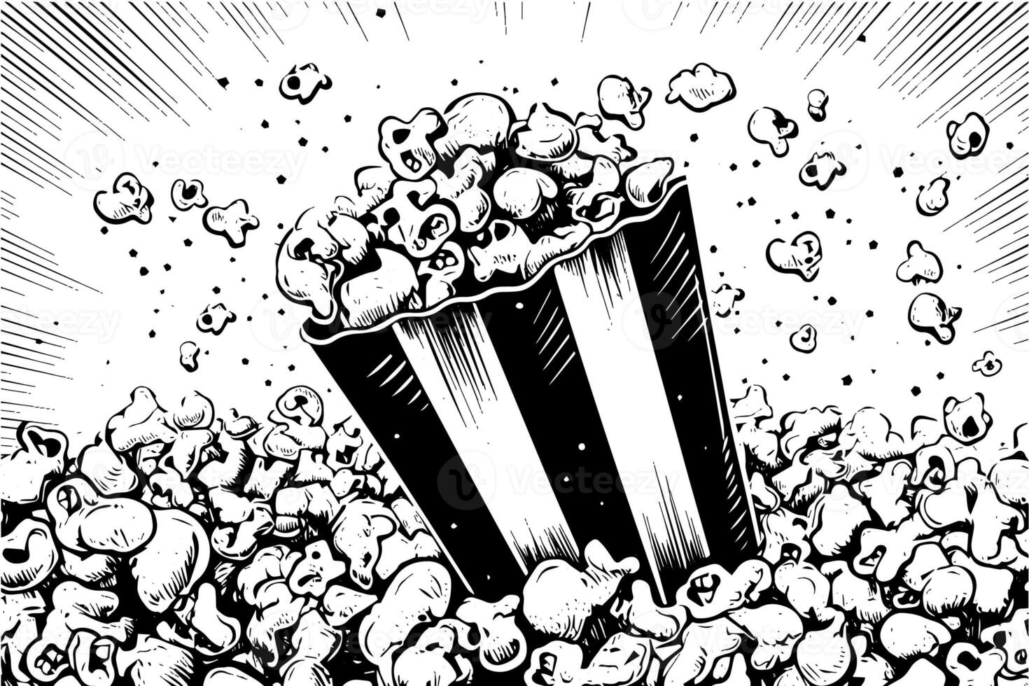 Popcorn explosion engraving ink vector illustration , line art. photo