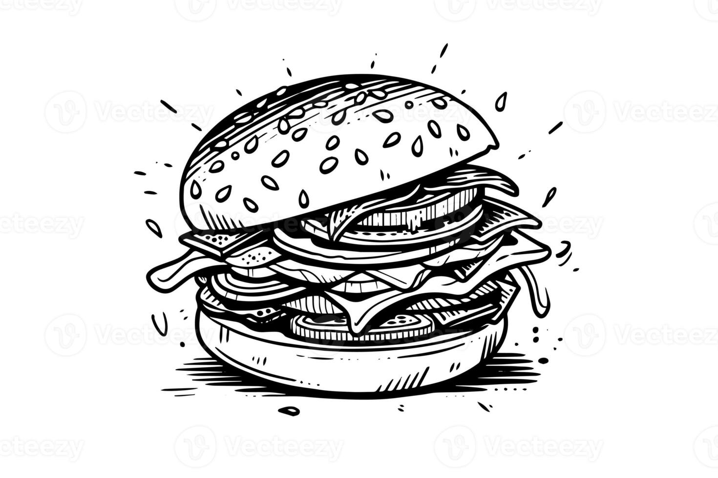 Burger engraving style art. Hand drawn vector illustration of hamburger. photo