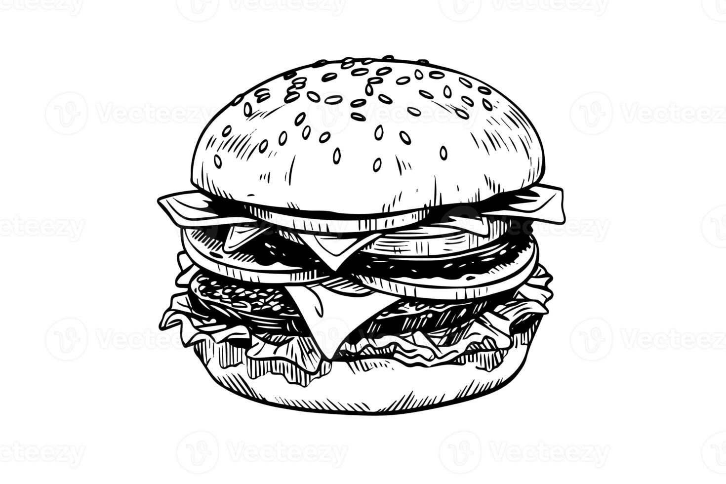 Burger engraving style art. Hand drawn vector illustration of hamburger. photo