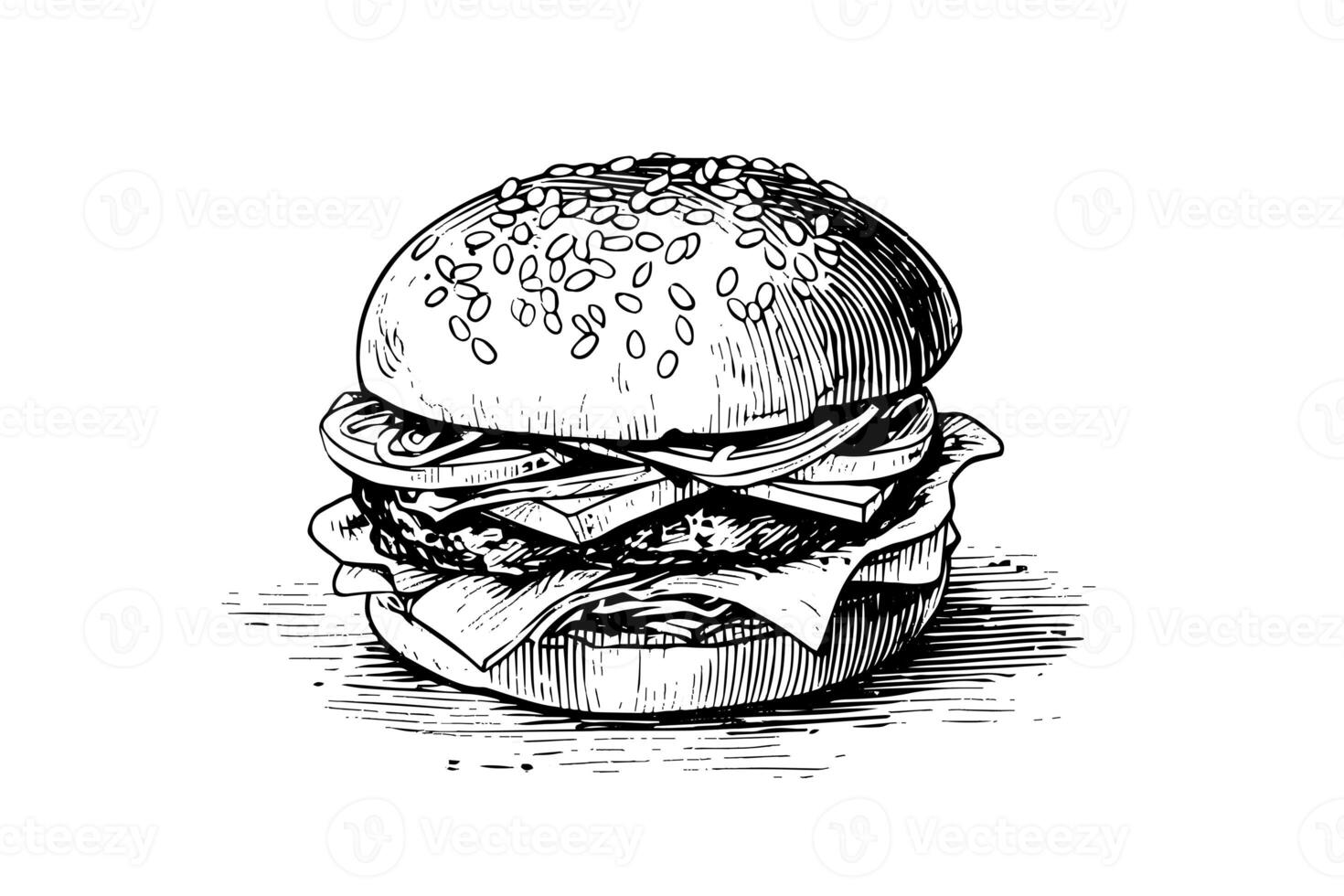 Burger engraving style art. Hand drawn vector illustration of hamburger. photo