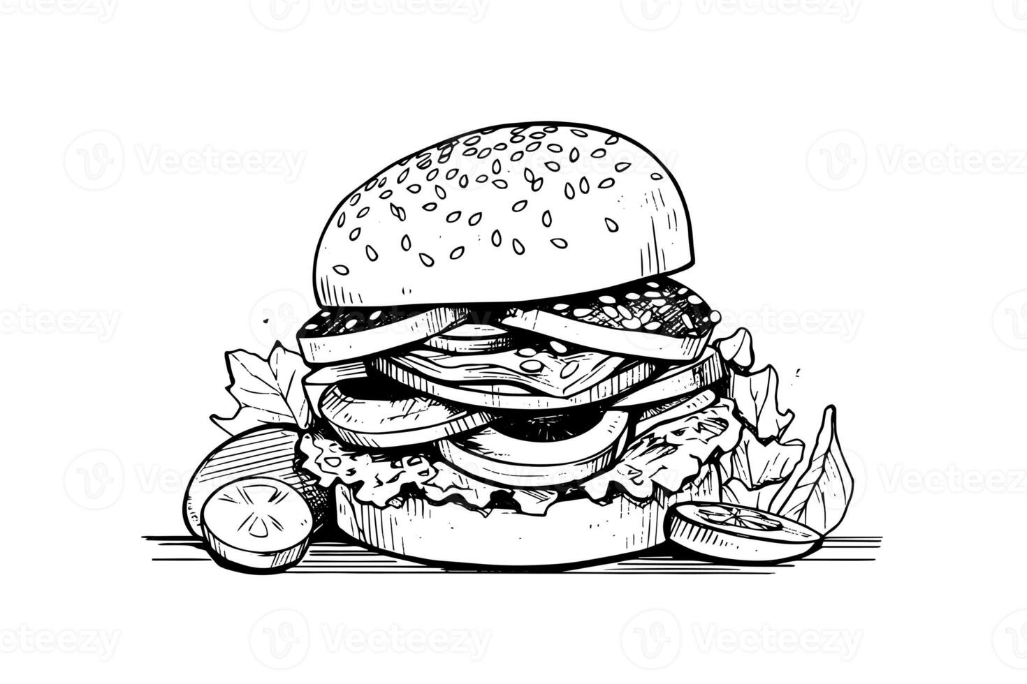 Burger engraving style art. Hand drawn vector illustration of hamburger. photo