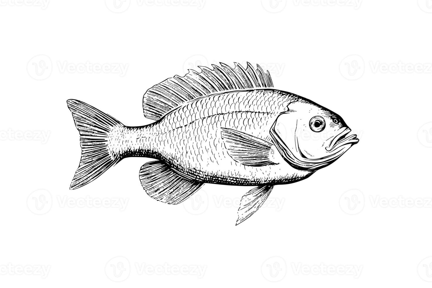 Perch hand drawn engraving fish isolated on white background. Vector sketch illustration. photo