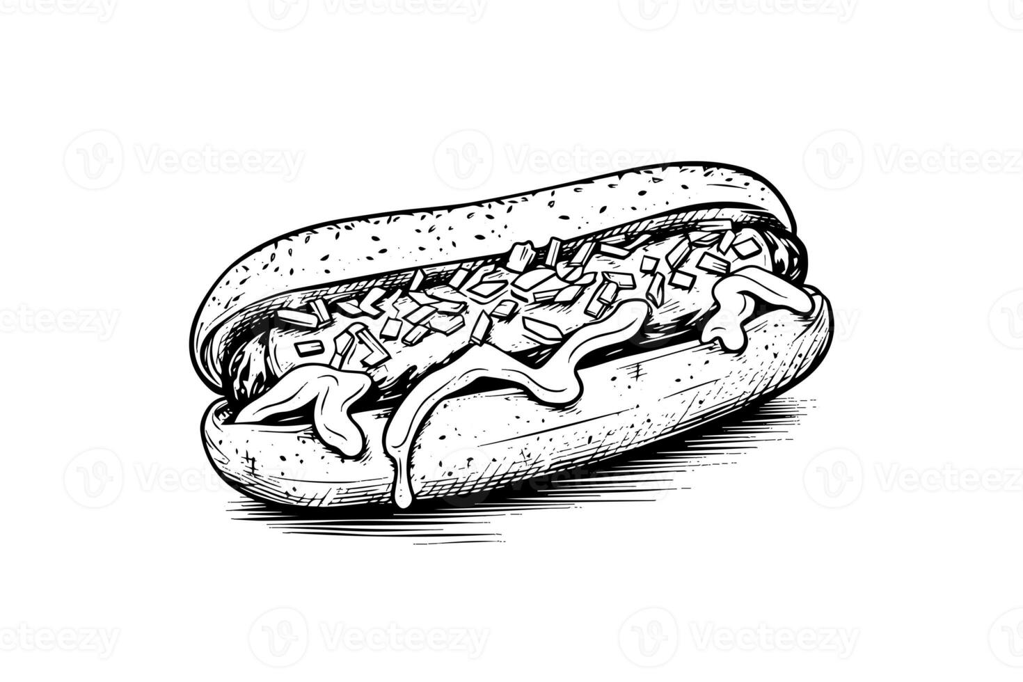 Fast food hot dog with sausage and sauce engraving sketch vector illustration. photo