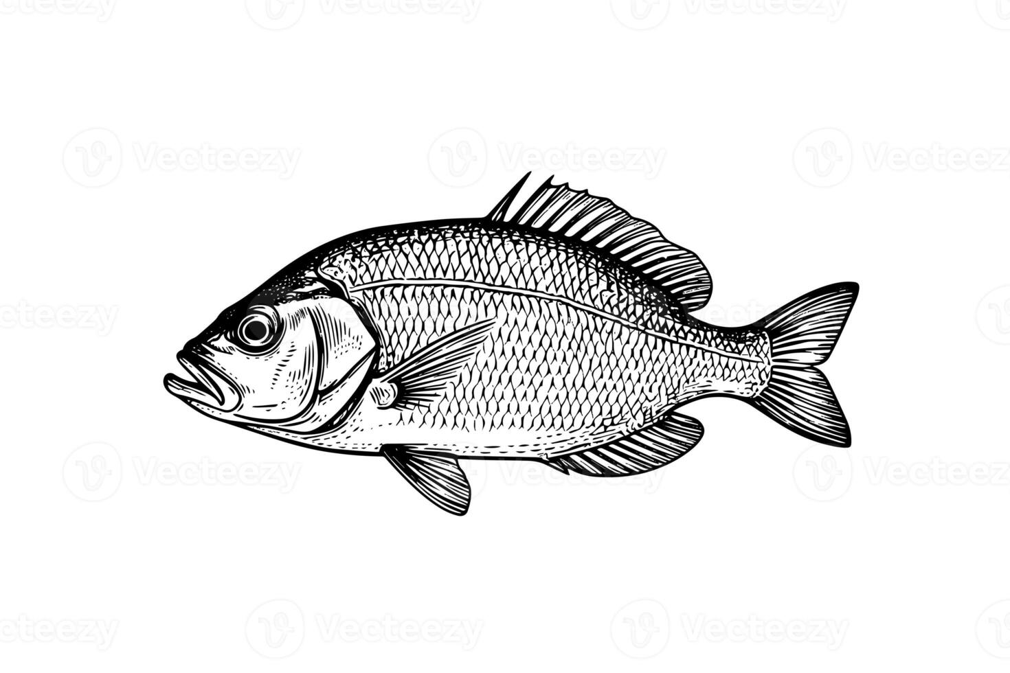 Crucian carp and perch hand drawn engraving fish isolated on white background. Vector sketch illustration. photo