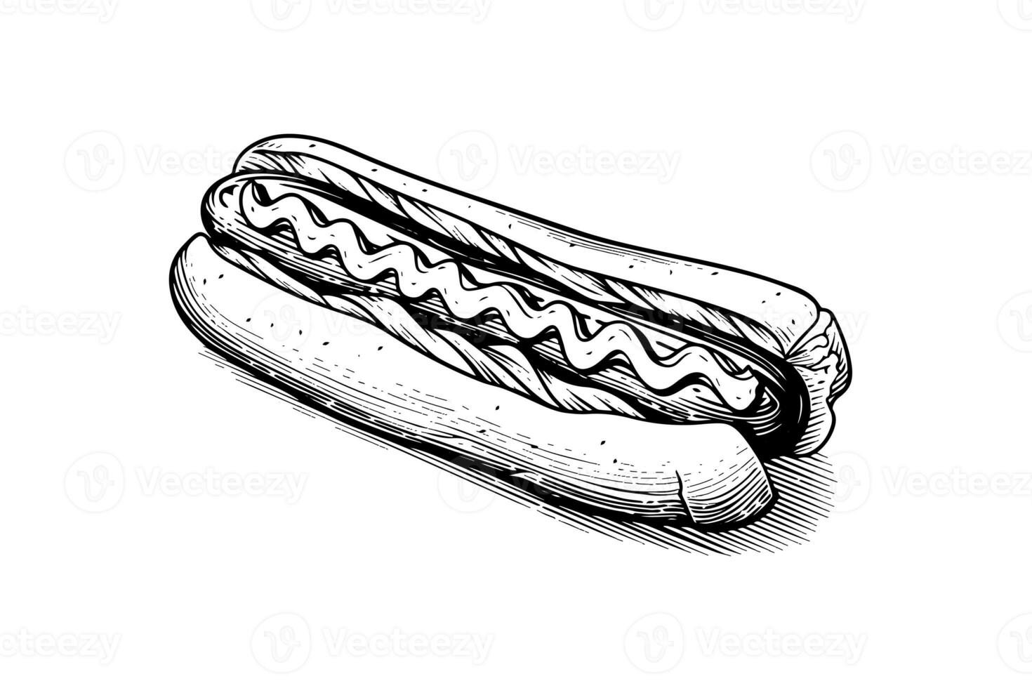 Fast food hot dog with sausage and sauce engraving sketch vector illustration. photo