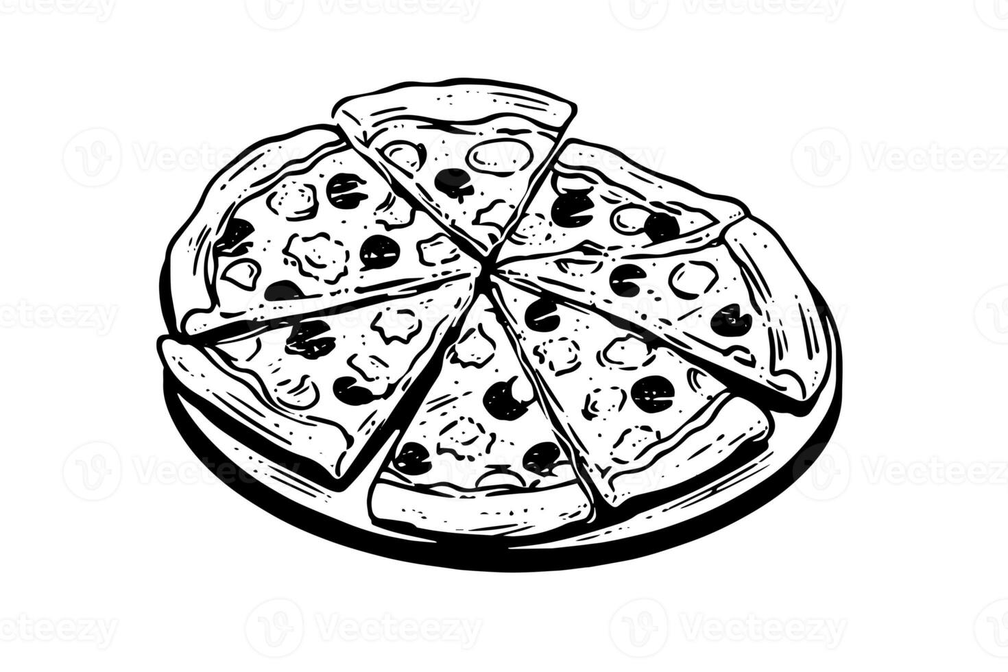 Sliced pizza sketch hand drawn engraving style Vector illustration. photo