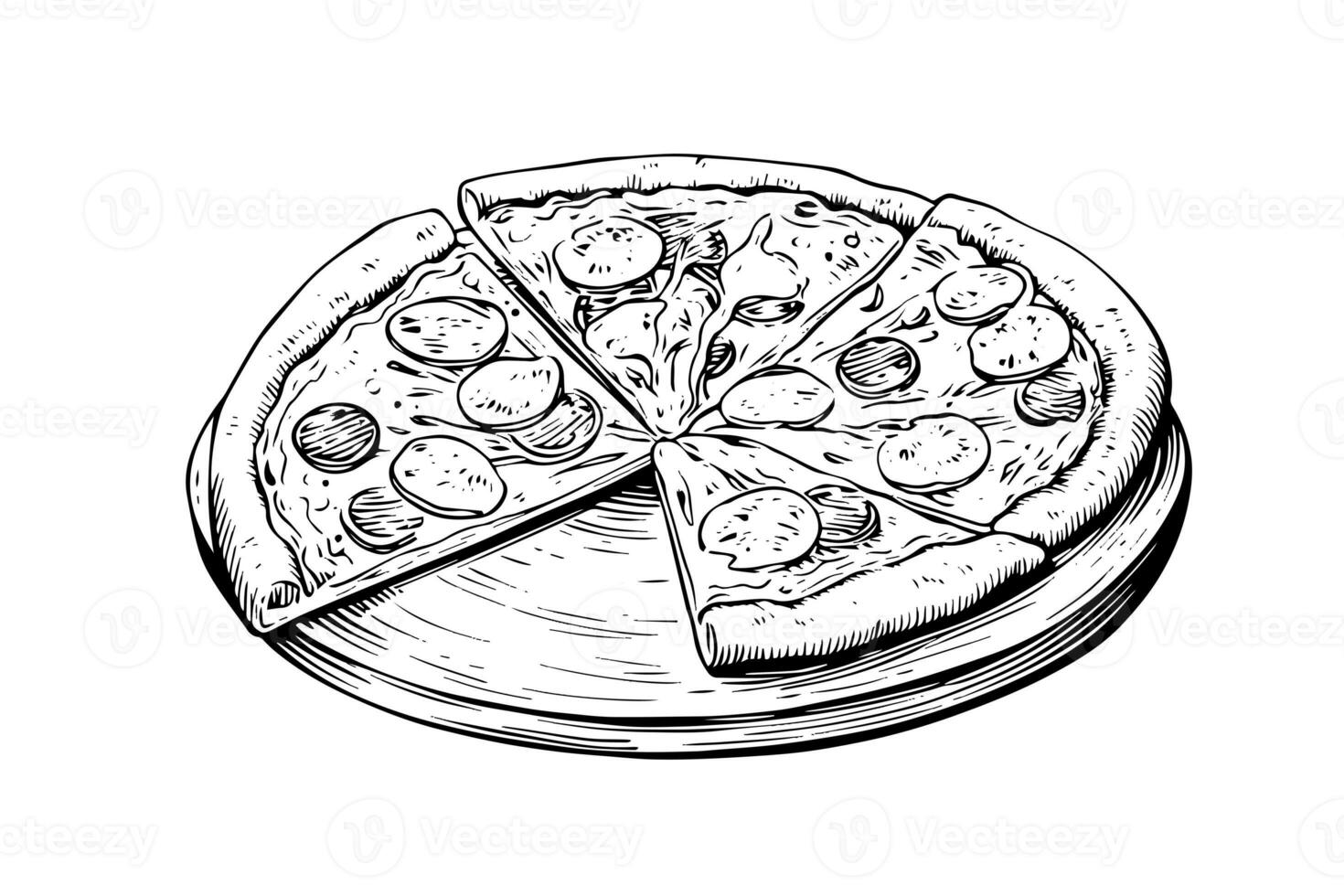 Sliced pizza sketch hand drawn engraving style Vector illustration. photo