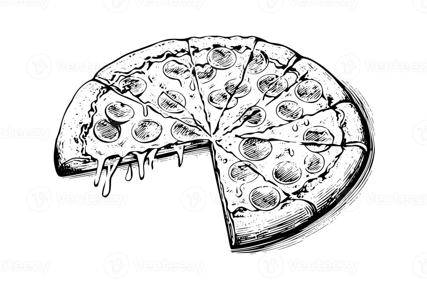 Sliced pizza sketch hand drawn engraving style Vector illustration. photo