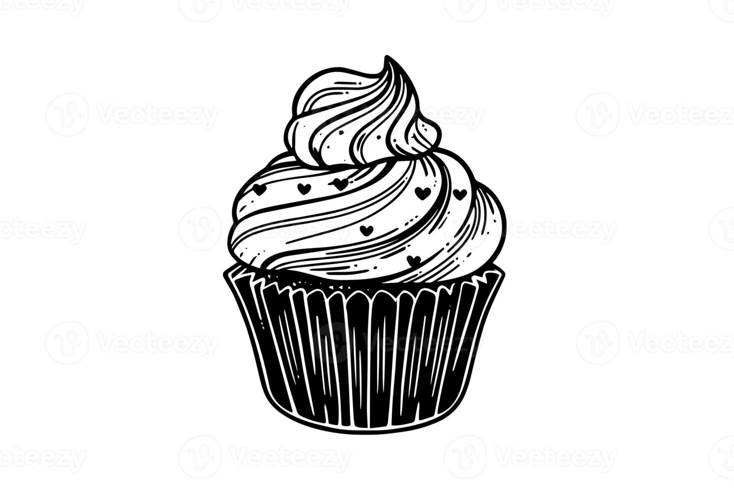 Cupcake in engraving style. Ink sketch isolated on white background. Hand drawn vector illustration photo