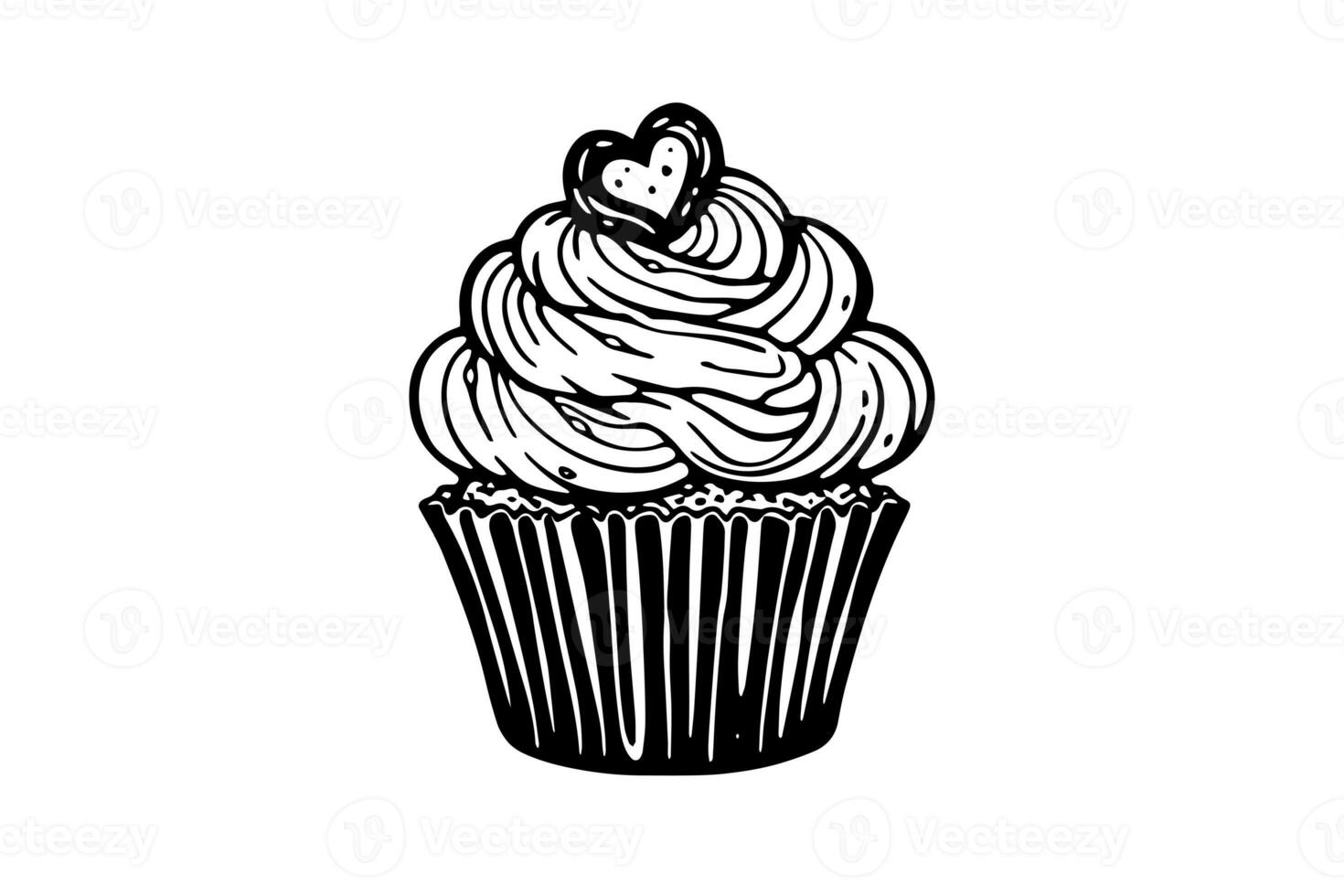 Cupcake in engraving style. Ink sketch isolated on white background. Hand drawn vector illustration photo