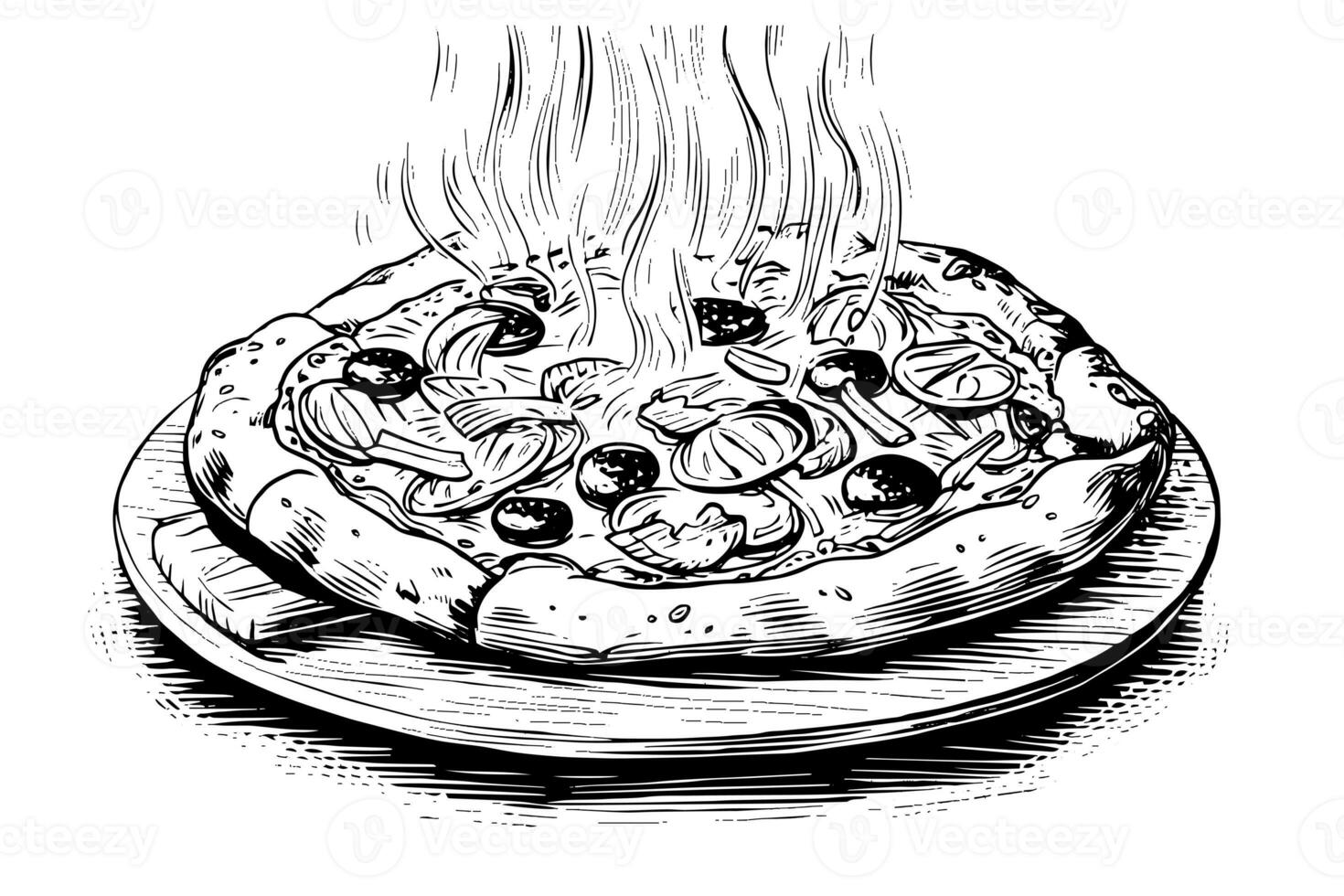 Hot pizza from the oven sketch hand drawn engraving style Vector illustration photo
