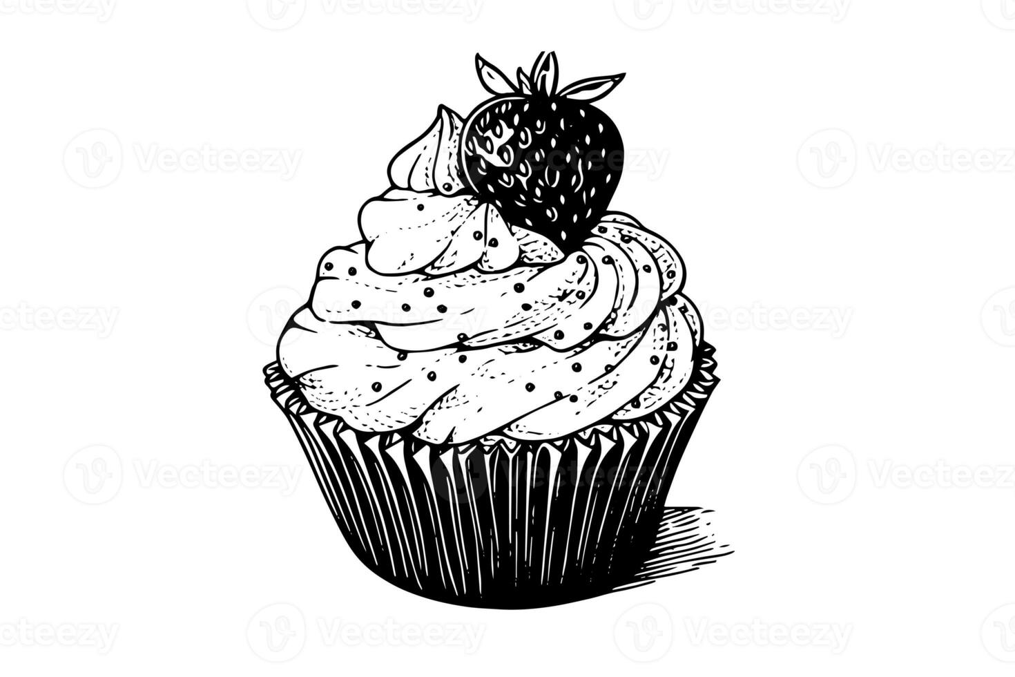 Cupcake with berries in engraving style. Ink sketch isolated on white background. Hand drawn vector illustration photo