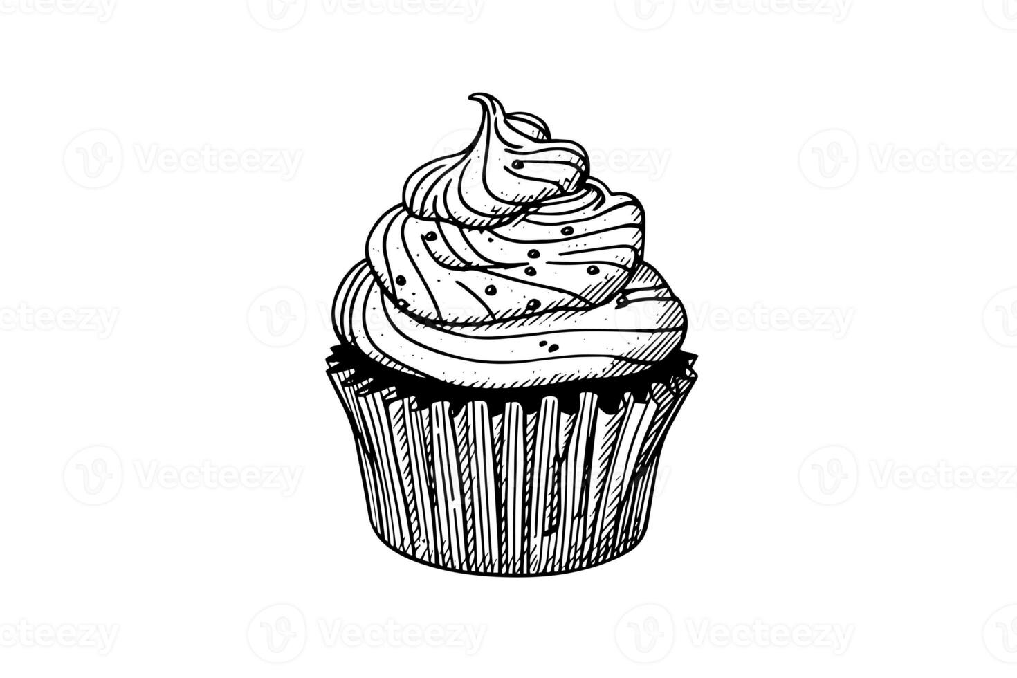 Cupcake in engraving style. Ink sketch isolated on white background. Hand drawn vector illustration photo