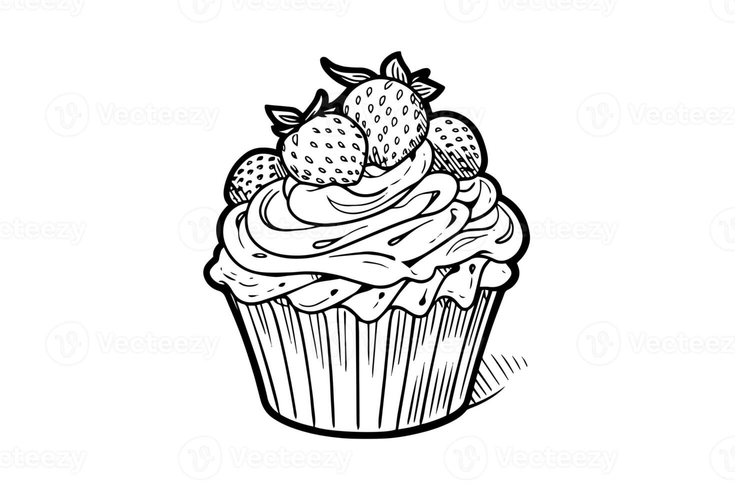 Cupcake with berries in engraving style. Ink sketch isolated on white background. Hand drawn vector illustration photo