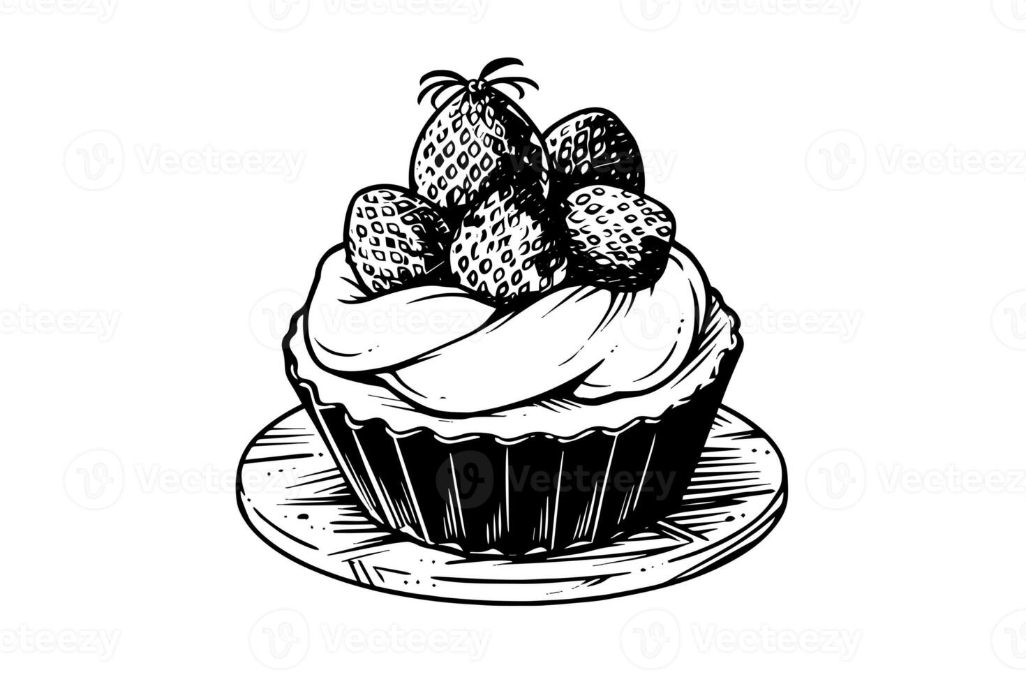 Cupcake with berries in engraving style. Ink sketch isolated on white background. Hand drawn vector illustration photo