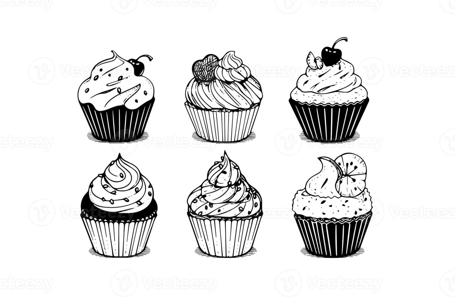 Set of cupcake in engraving style. Ink sketch isolated on white background. Hand drawn vector illustration photo