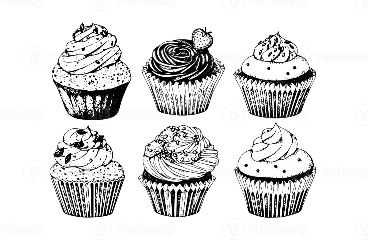 Set of cupcake in engraving style. Ink sketch isolated on white background. Hand drawn vector illustration photo