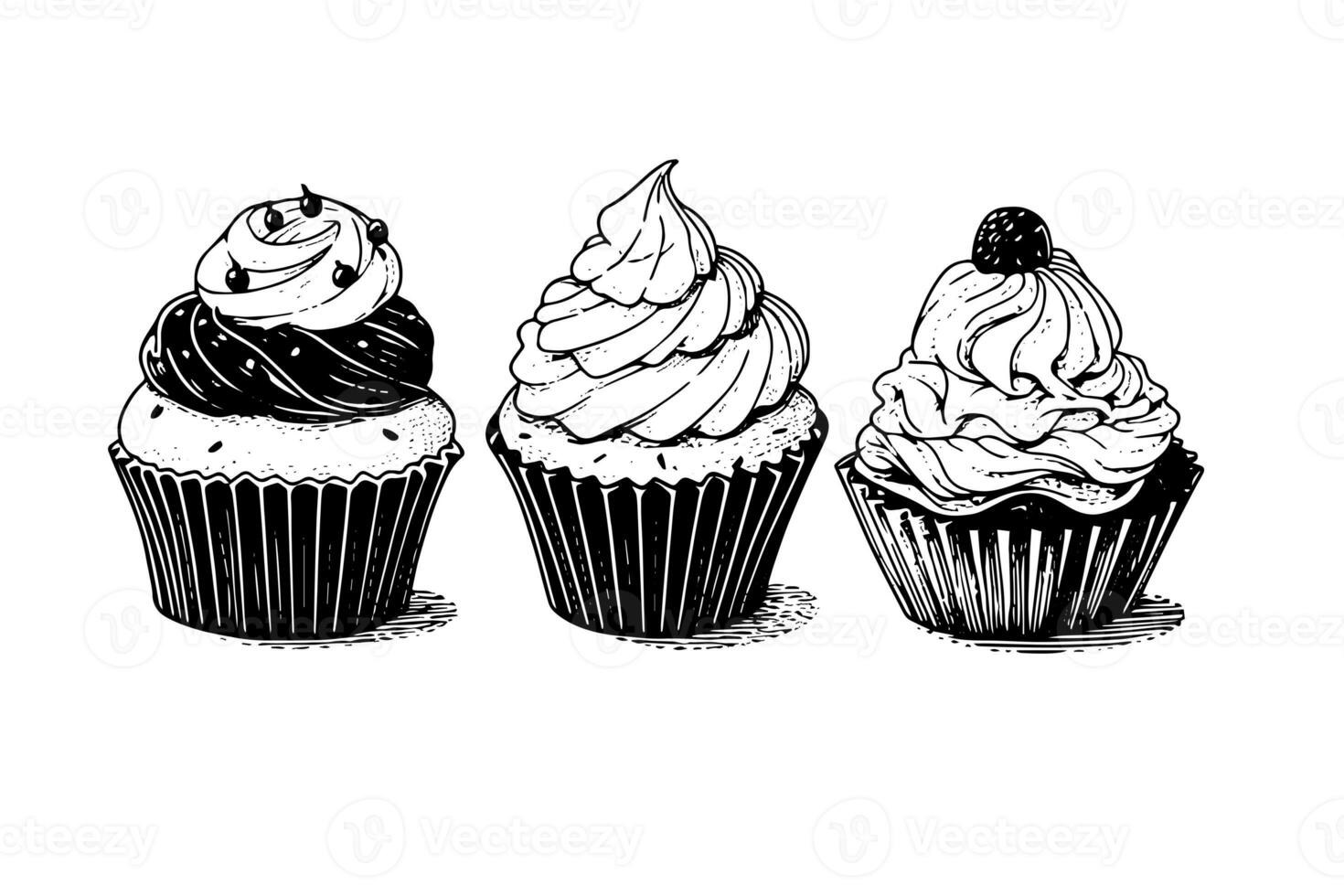 Set of cupcake in engraving style. Ink sketch isolated on white background. Hand drawn vector illustration photo