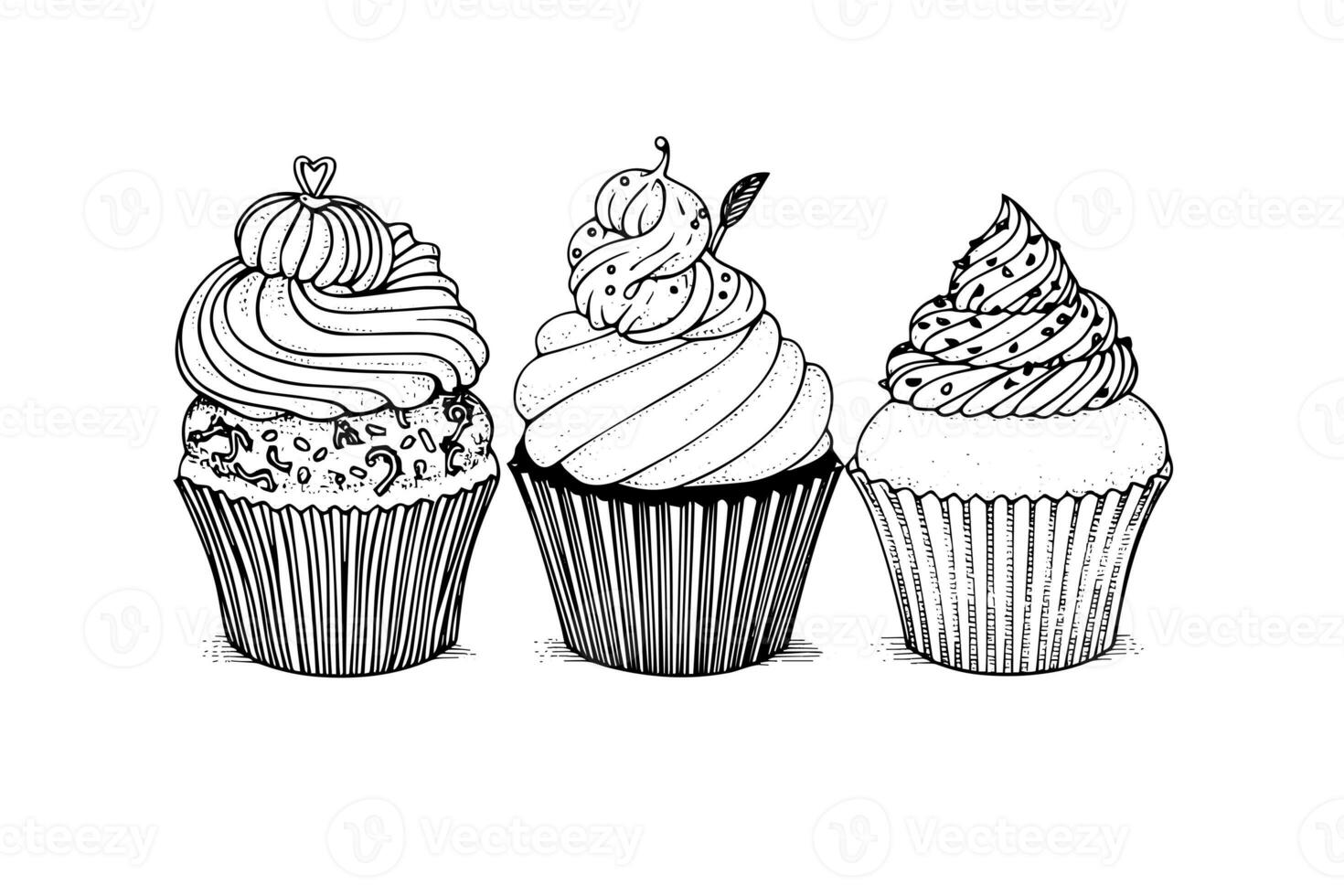 Set of cupcake in engraving style. Ink sketch isolated on white background. Hand drawn vector illustration photo