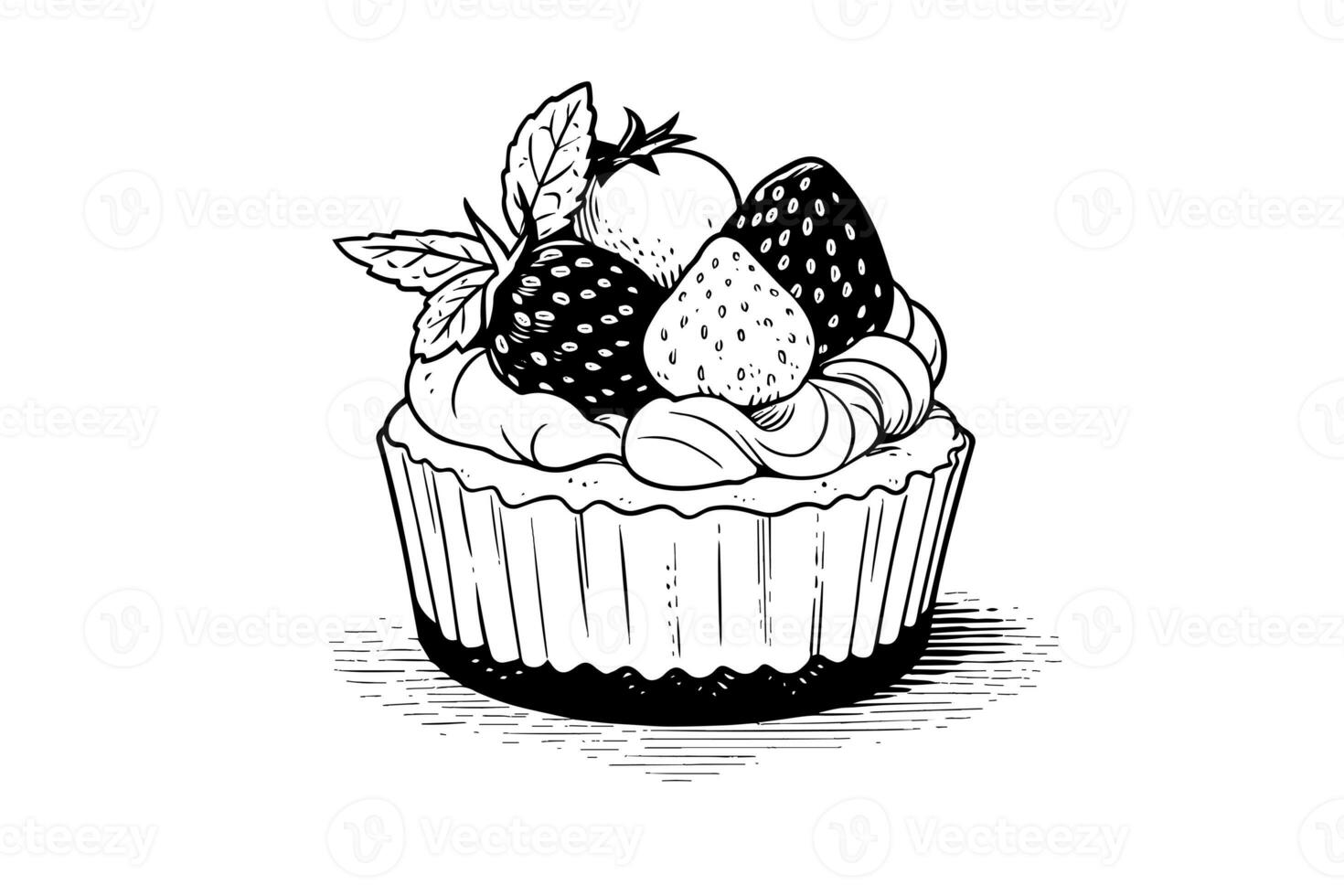 Cupcake with berries in engraving style. Ink sketch isolated on white background. Hand drawn vector illustration photo