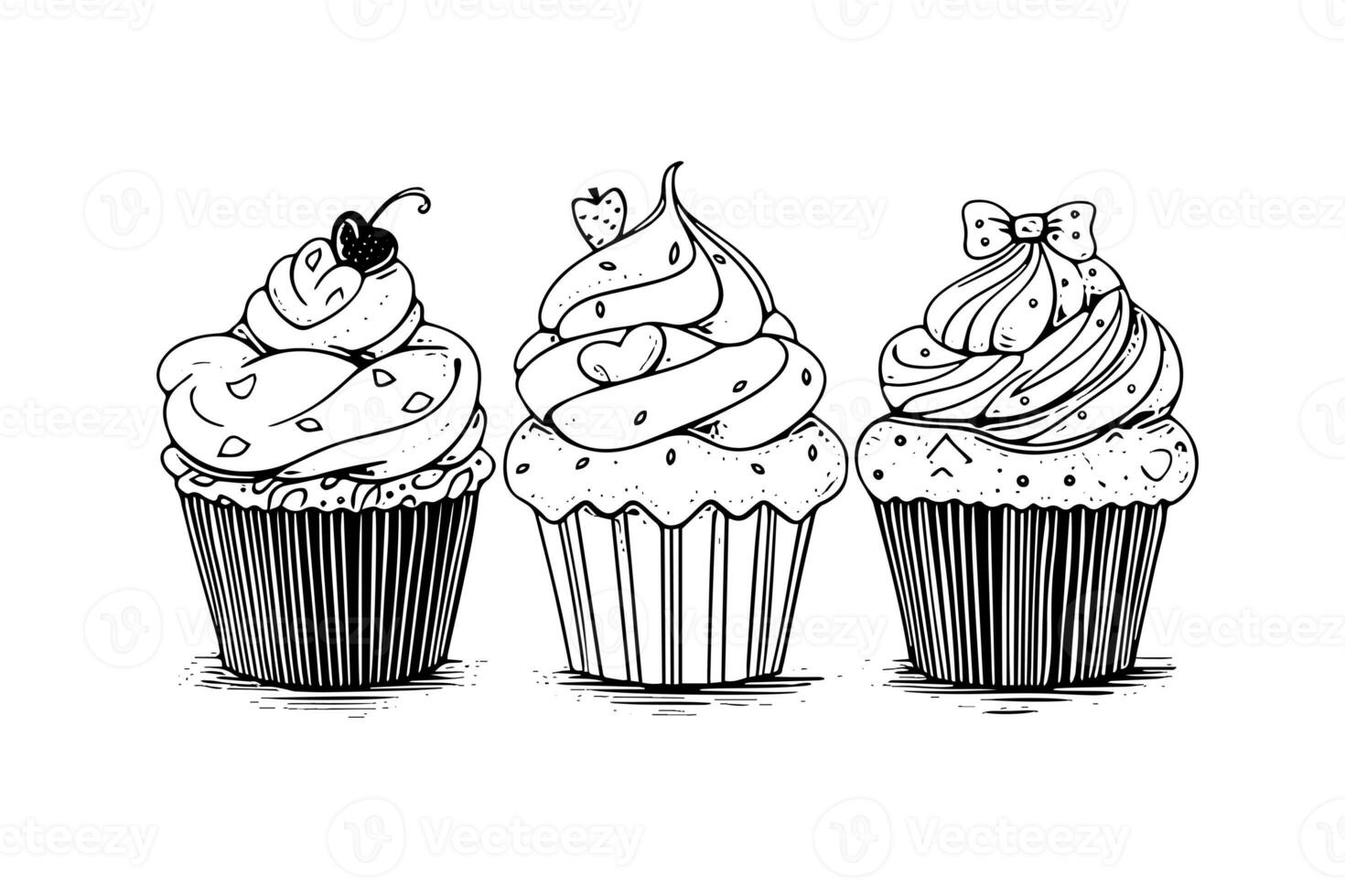 Set of cupcake in engraving style. Ink sketch isolated on white background. Hand drawn vector illustration photo