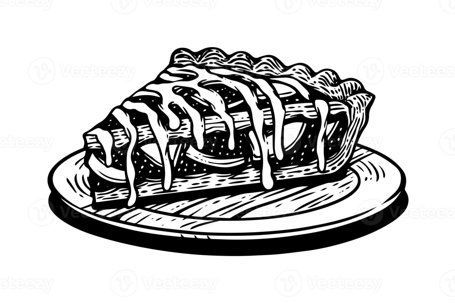 Piece of apple pie hand drawn engraving style vector illustration. photo