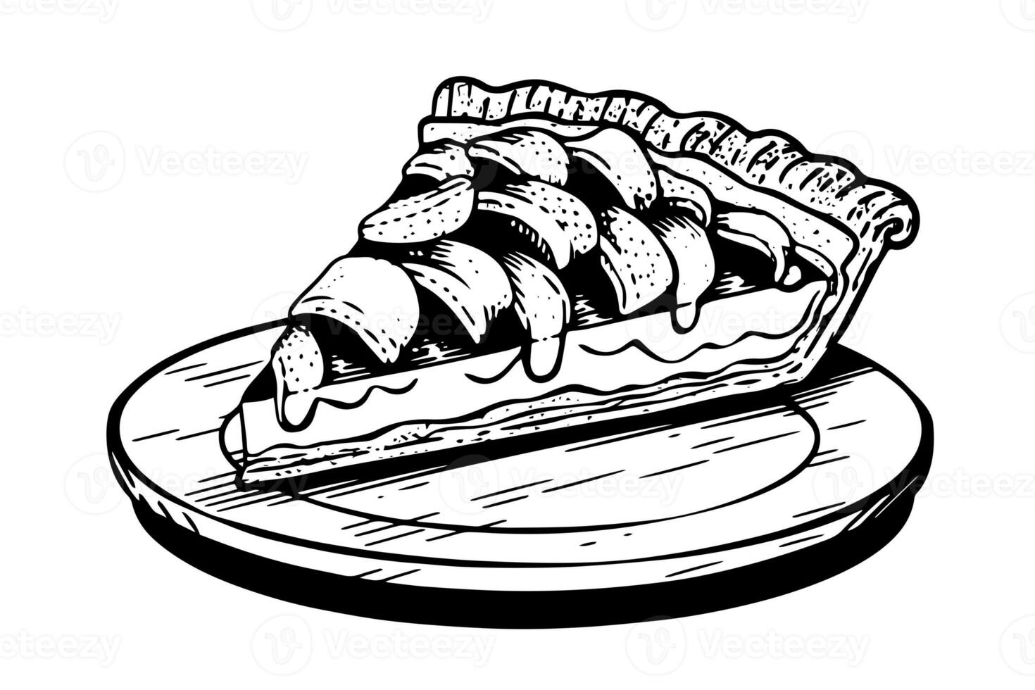 Piece of apple pie hand drawn engraving style vector illustration. photo