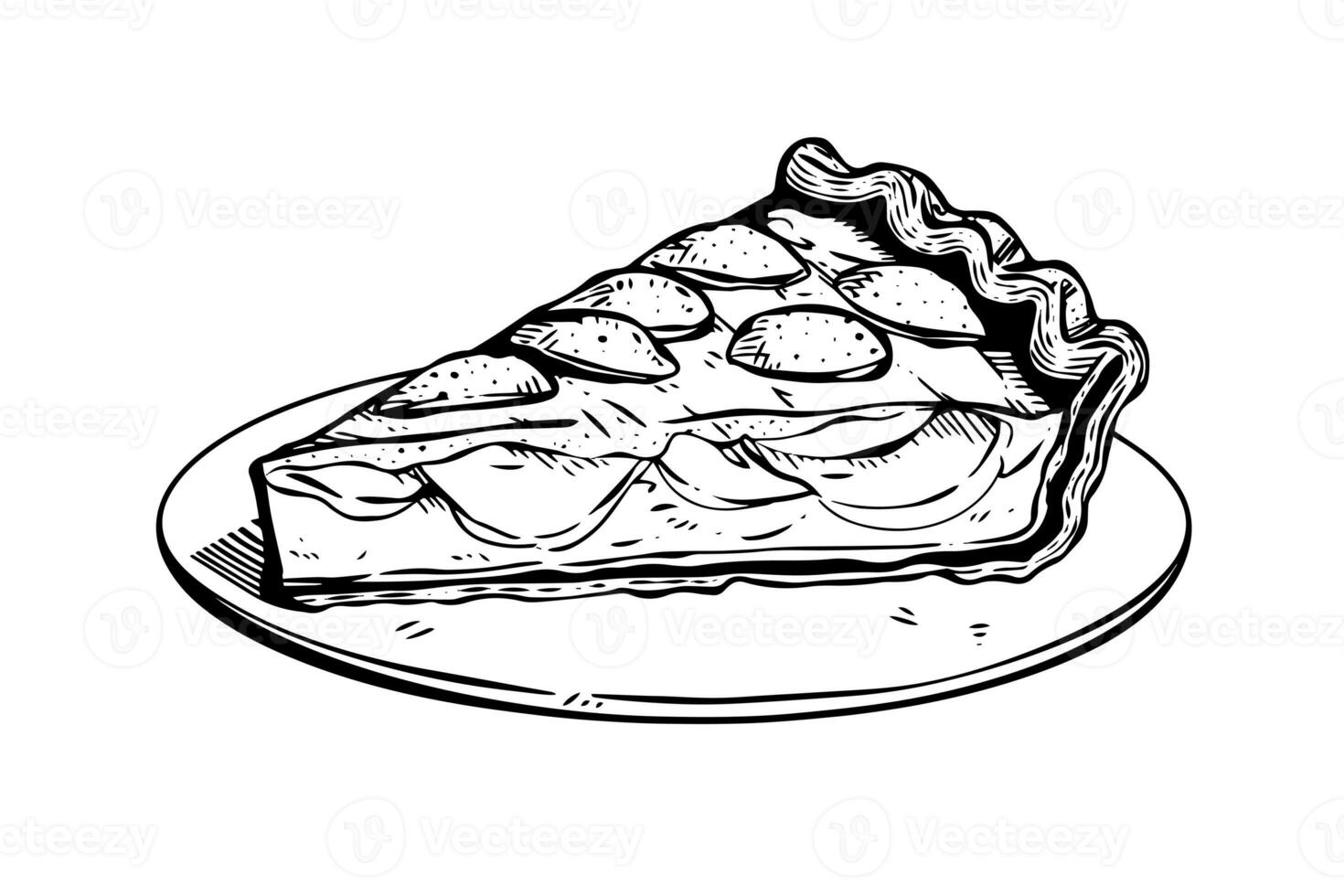 pedazo de manzana tarta mano dibujado grabado estilo vector ilustración. foto