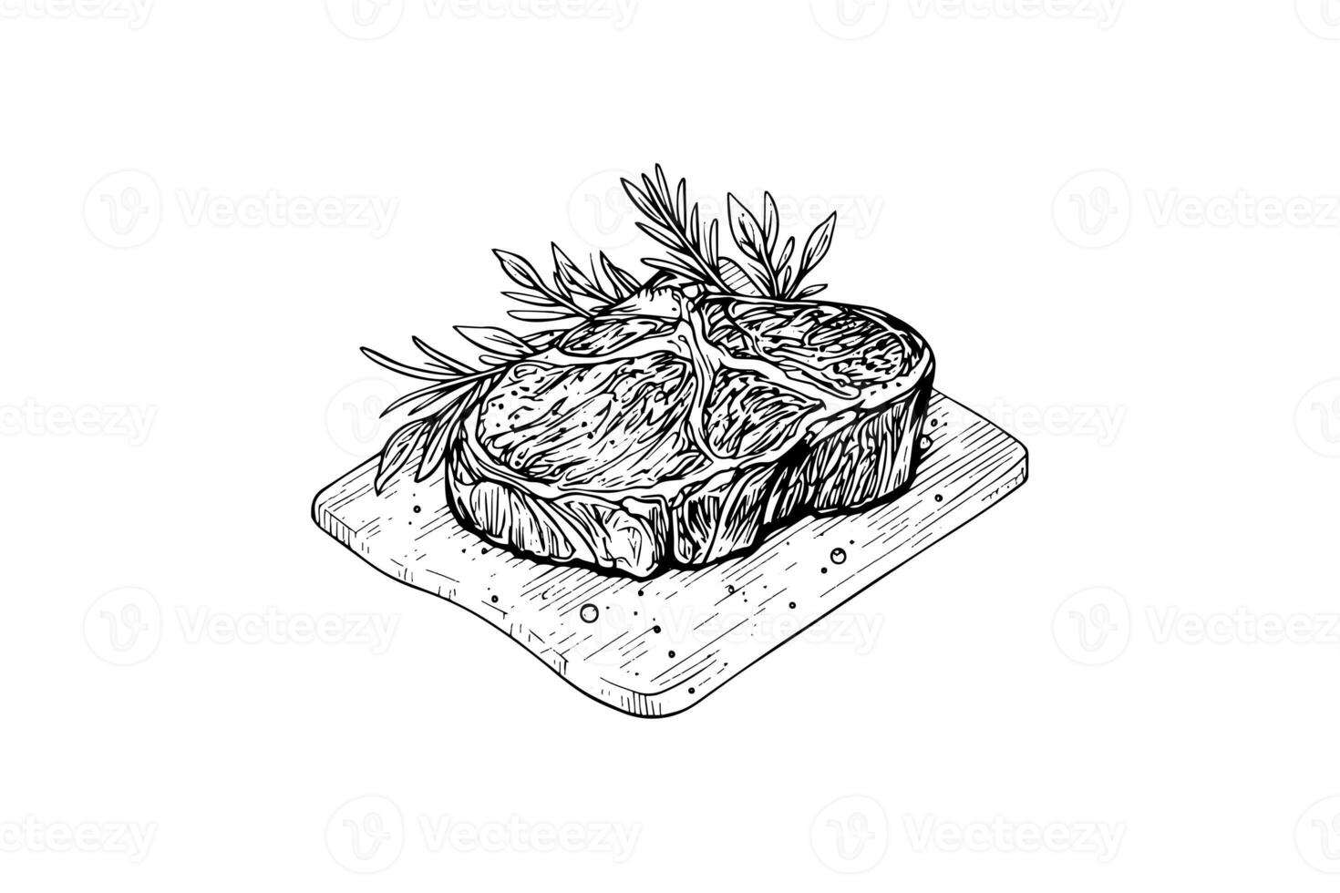 Meat steak on wood board. Hand drawing sketch engraving style vector illustration photo