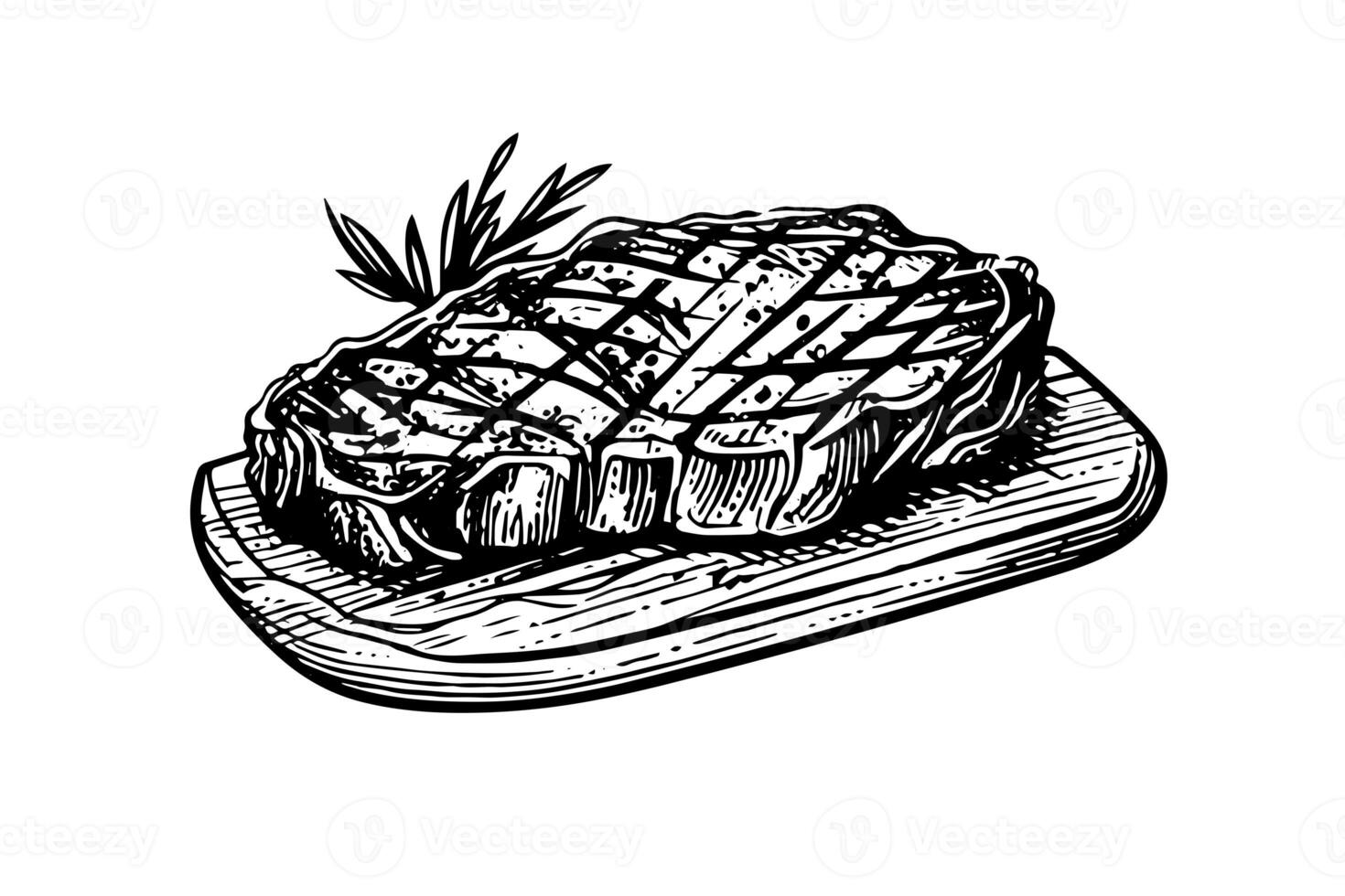 Meat steak on wood board. Hand drawing sketch engraving style vector illustration photo