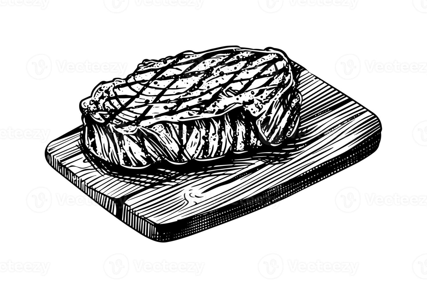 Meat steak on wood board. Hand drawing sketch engraving style vector illustration photo