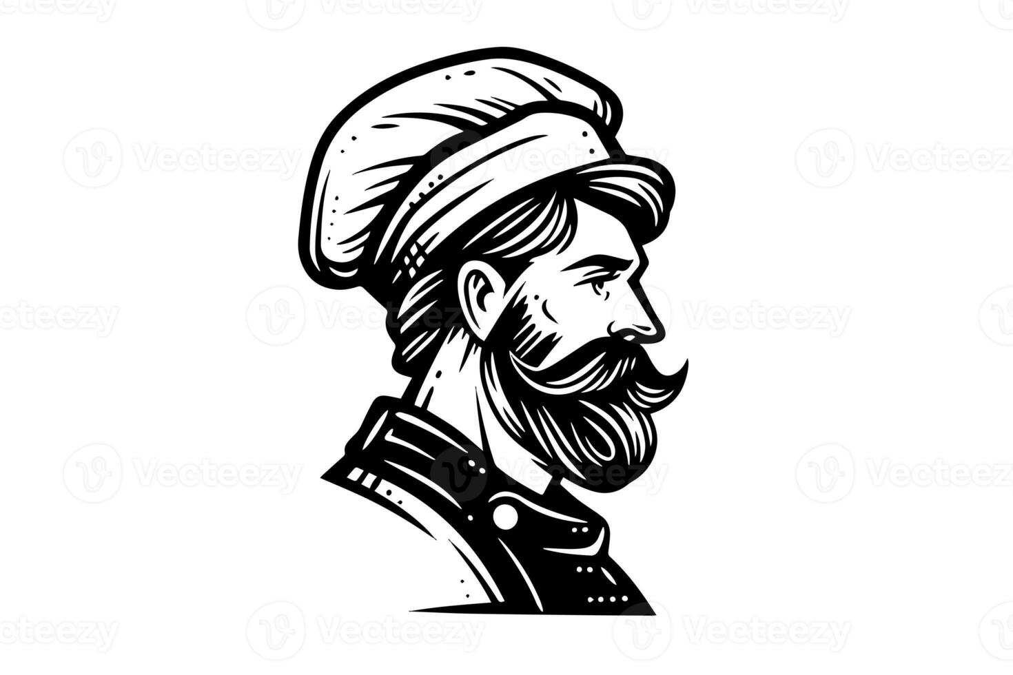 Chef  in a hat side view logotype engraving style vector illustration. photo