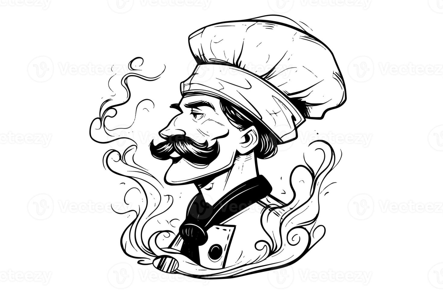 Chef  in a hat side view logotype engraving style vector illustration. photo