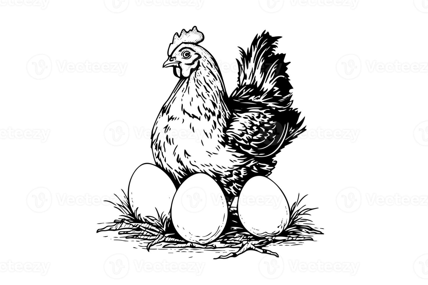 mesa de arte plantillapollo o gallina es eclosión huevos dibujado en Clásico grabado estilo vector ilustración foto
