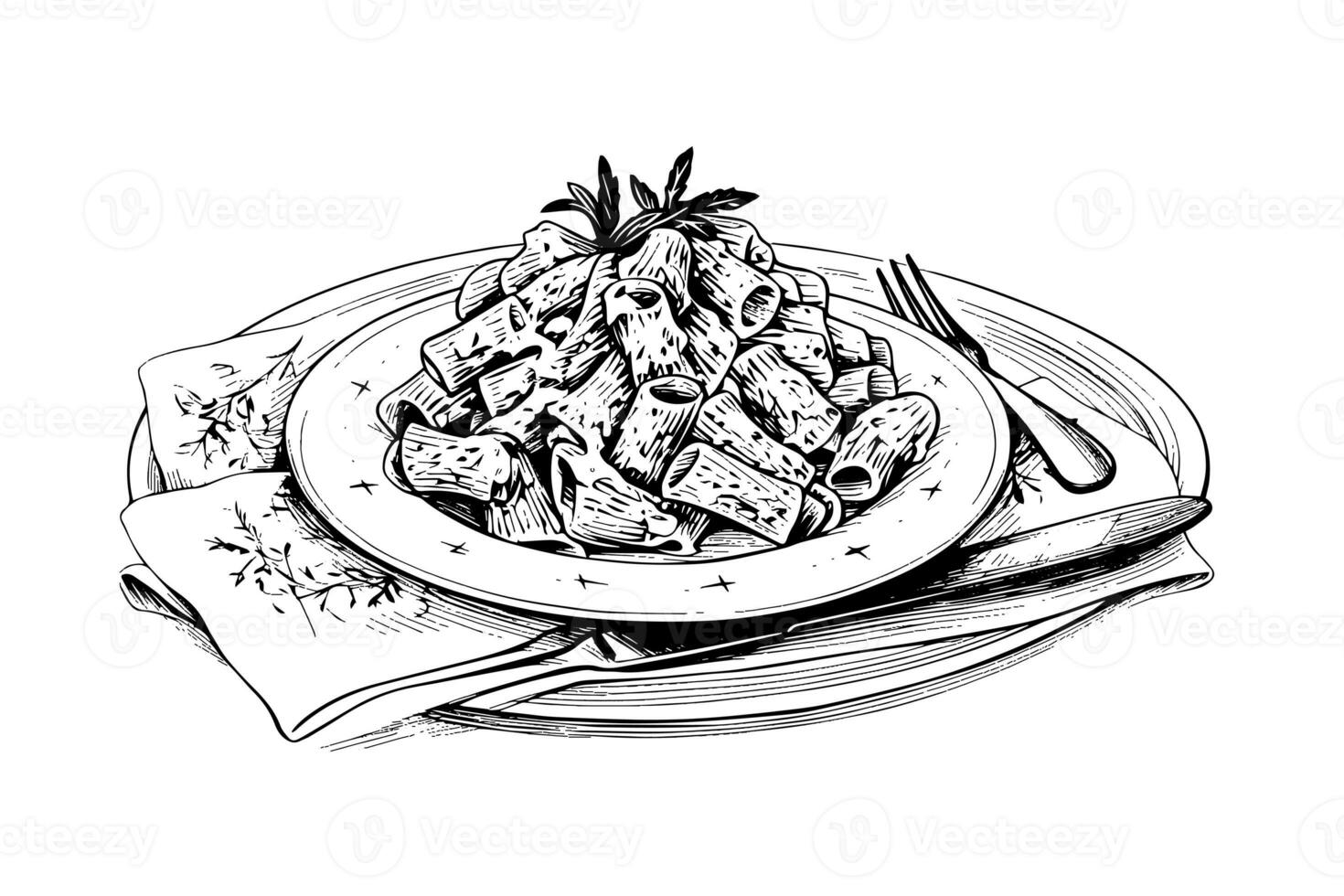 italiano pasta. espaguetis en un lámina, tenedor con espaguetis vector grabado estilo ilustración. foto