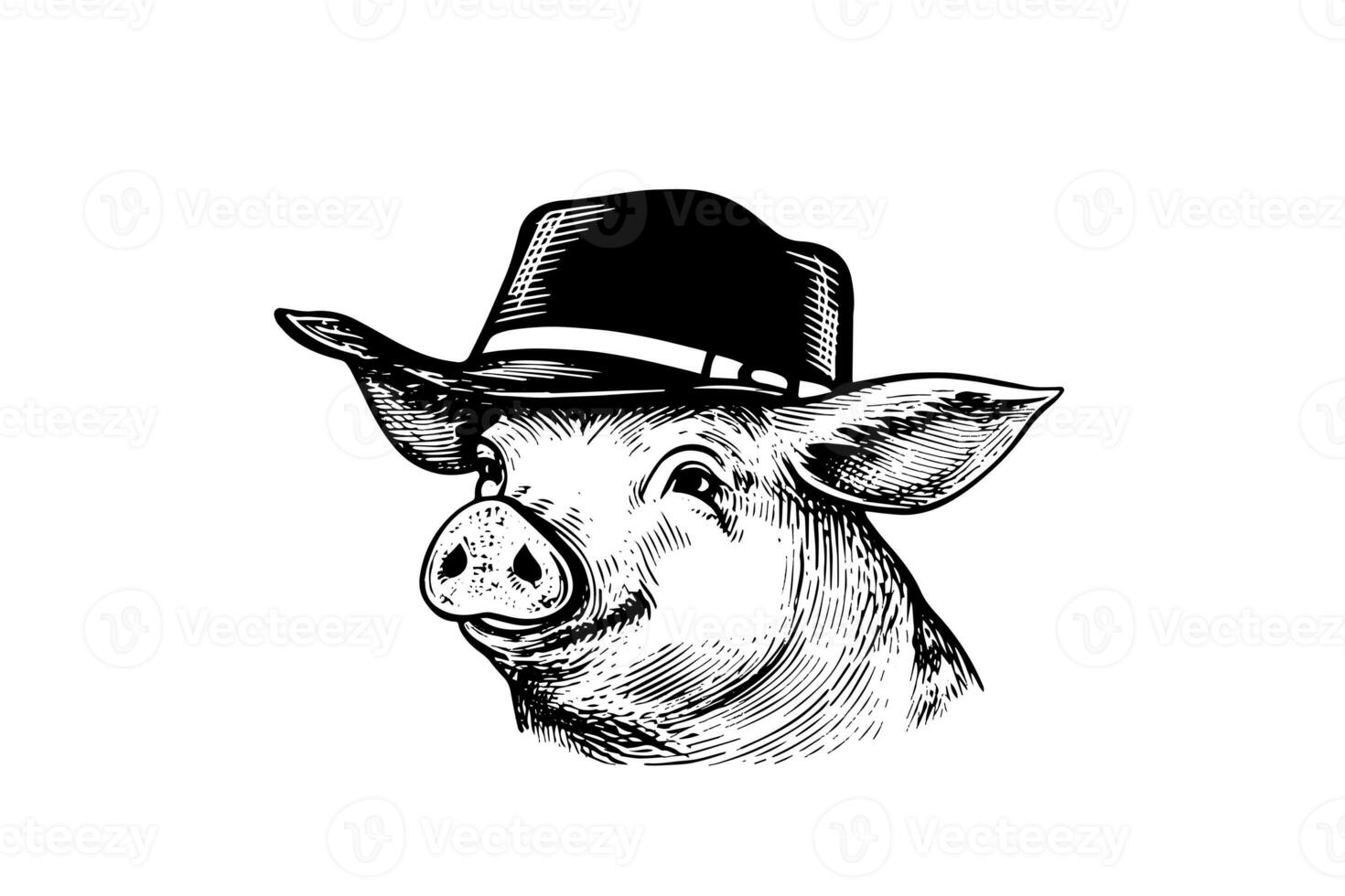 Cute pig or pork in hat head engraving logotype style vector illustration. photo