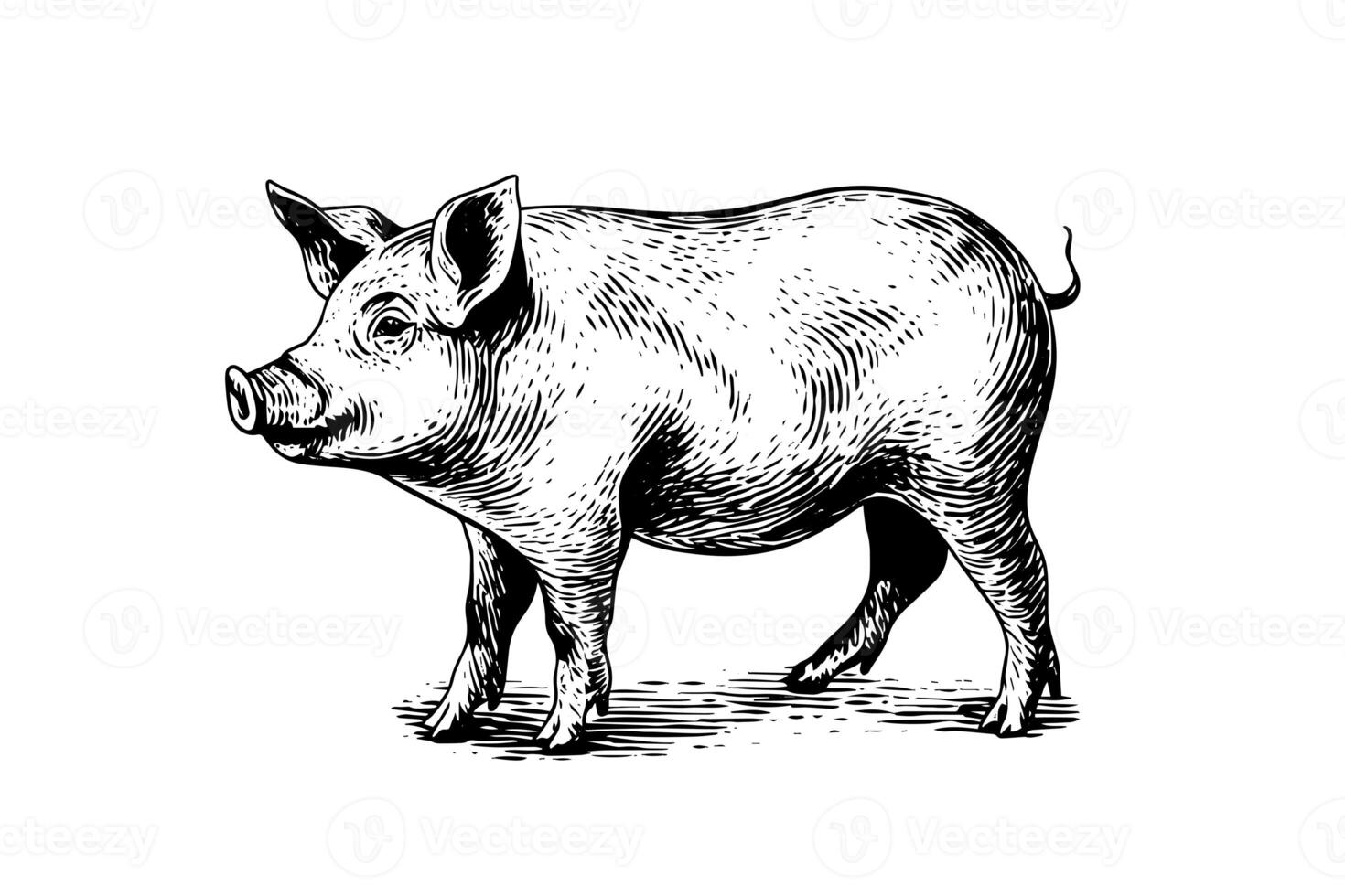 Vector illustration of pig in engraving style, hand drawing sketch. photo