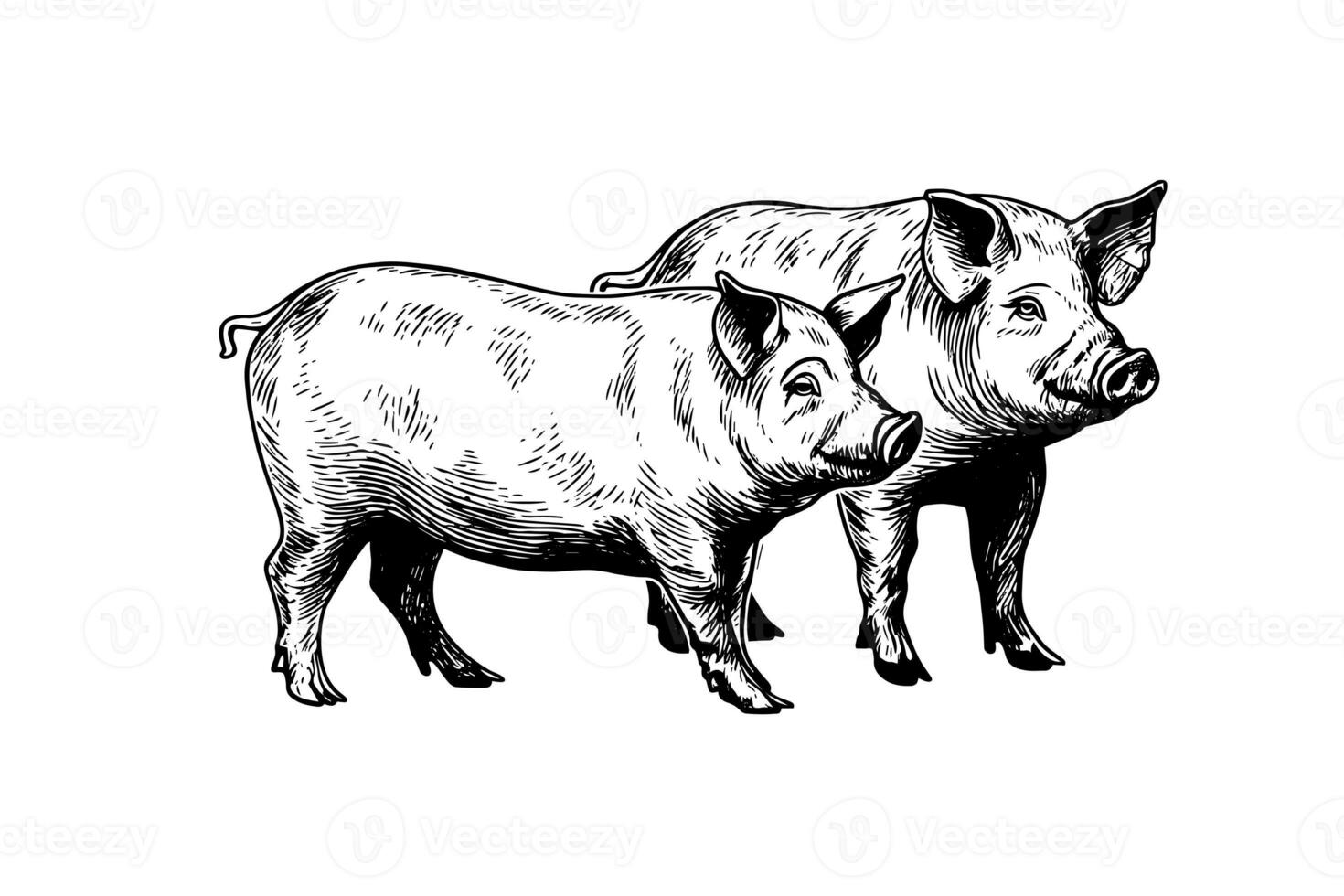 Vector illustration of pig in engraving style, hand drawing sketch. photo