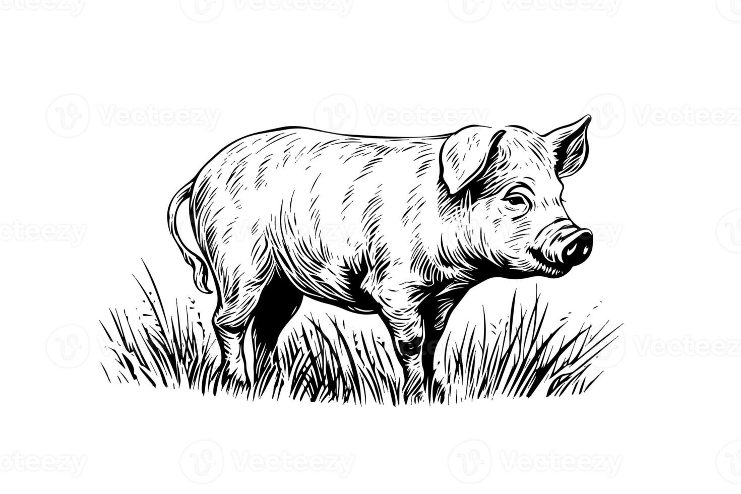Hand drawn engraved vector picture of village landscape with pigs eat grass in the pasture. photo