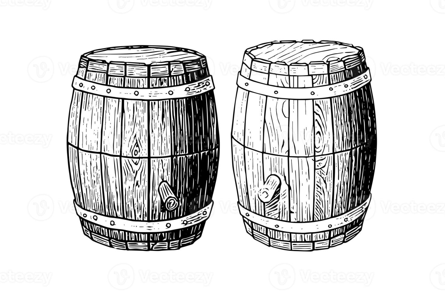 Oak wooden barrel hand drawn sketch engraving style vector illustration. photo