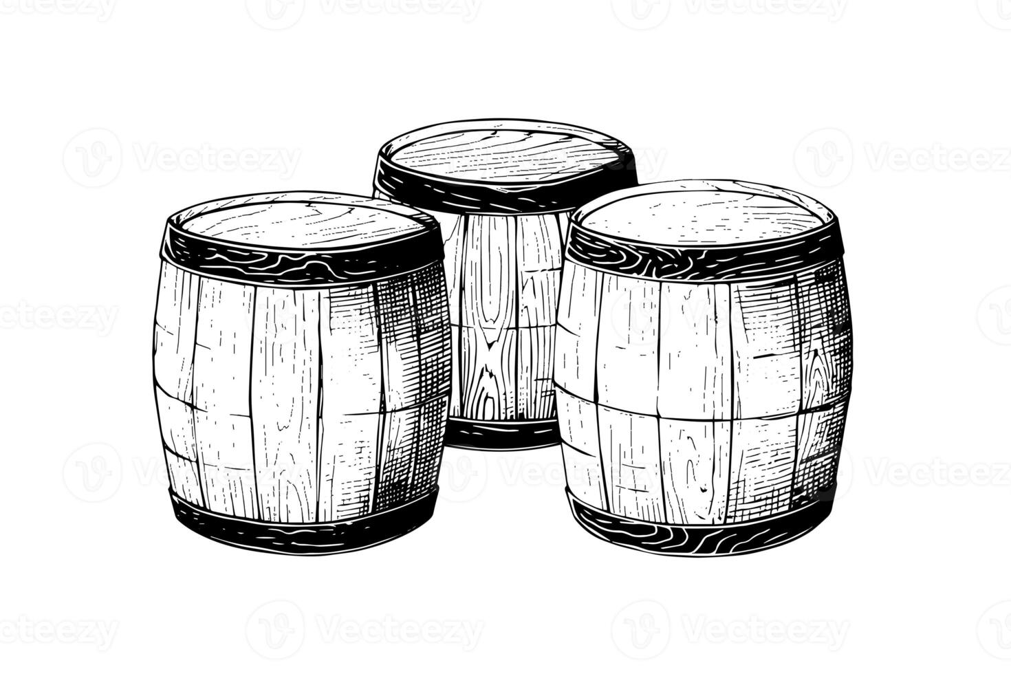 Oak wooden barrel hand drawn sketch engraving style vector illustration. photo