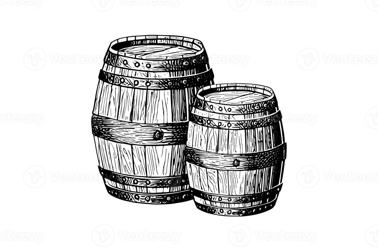Oak wooden barrel hand drawn sketch engraving style vector illustration. photo