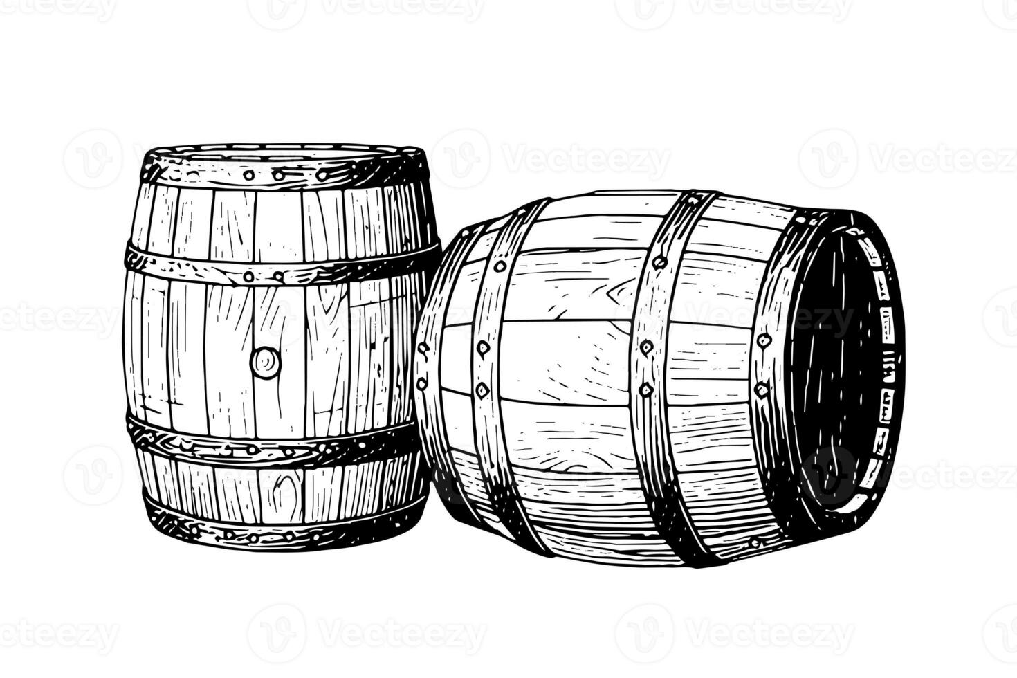 Oak wooden barrel hand drawn sketch engraving style vector illustration. photo