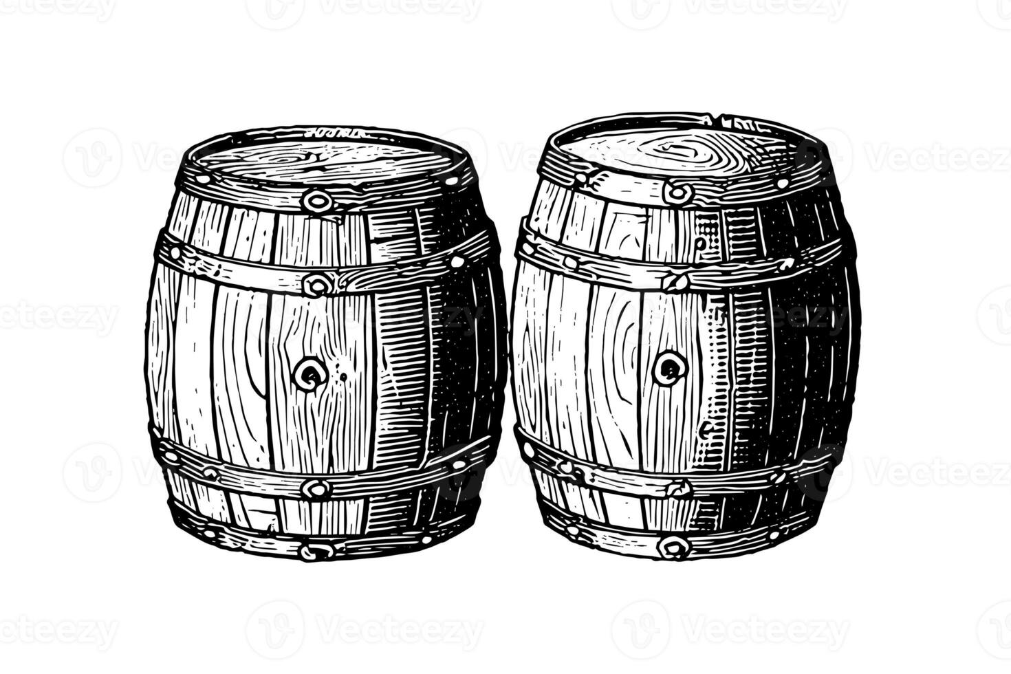 Oak wooden barrel hand drawn sketch engraving style vector illustration. photo
