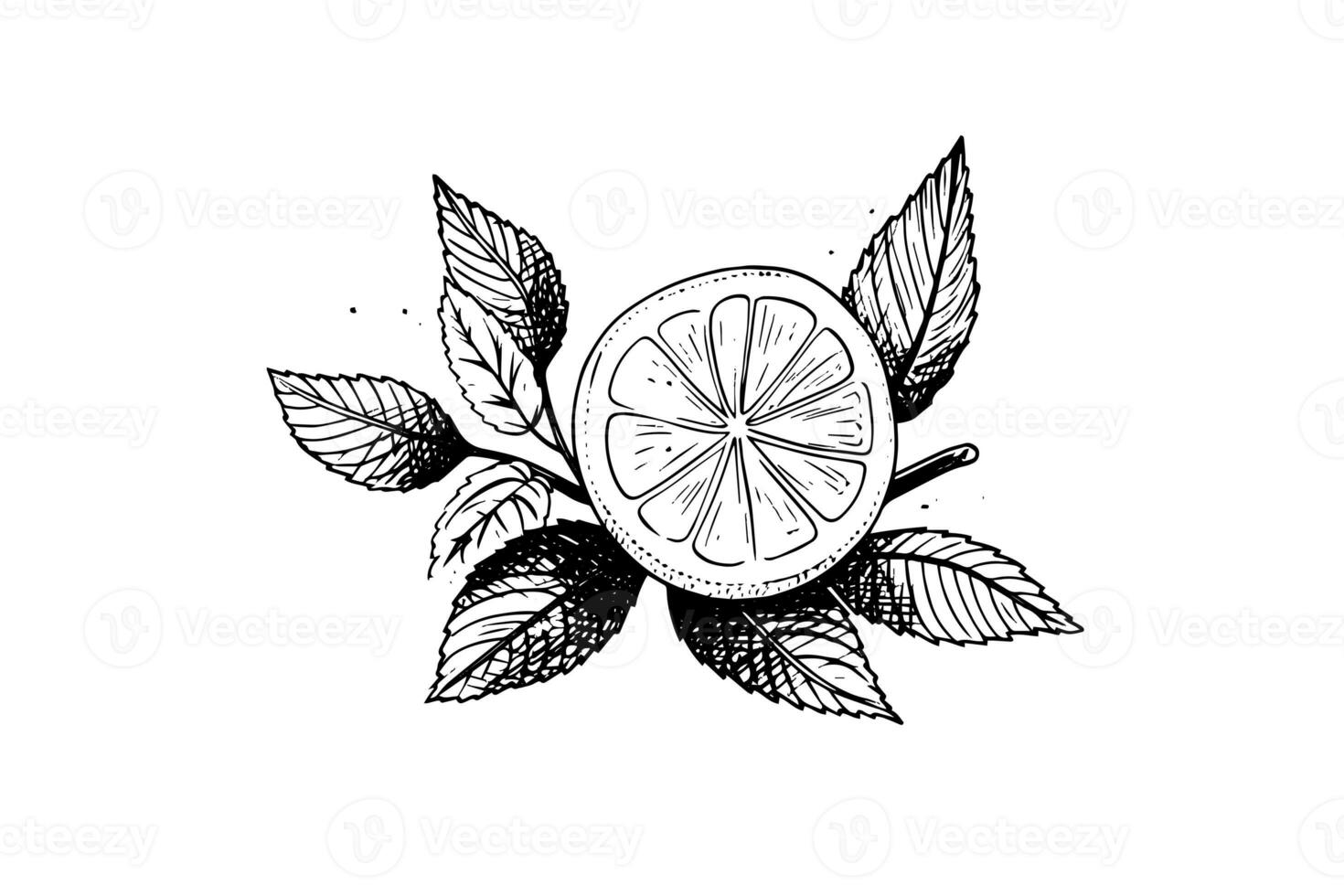 Lemons and mint hand drawn vector illustration. Whole fruit, sliced piece and leaves drawing. photo