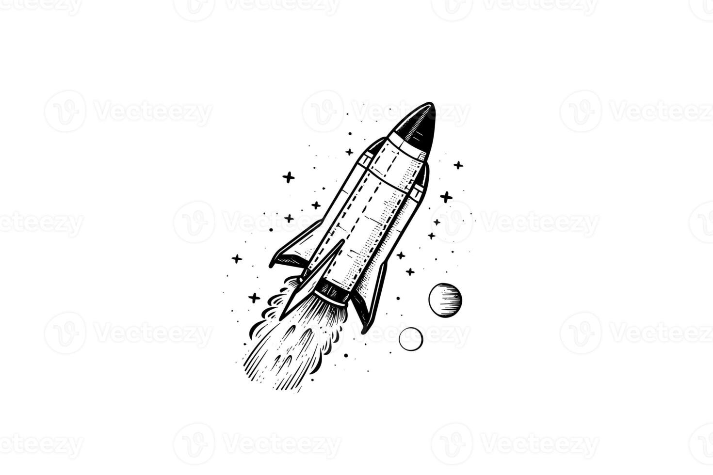 Blowing space rocket sketch engraving style vector illustration. photo